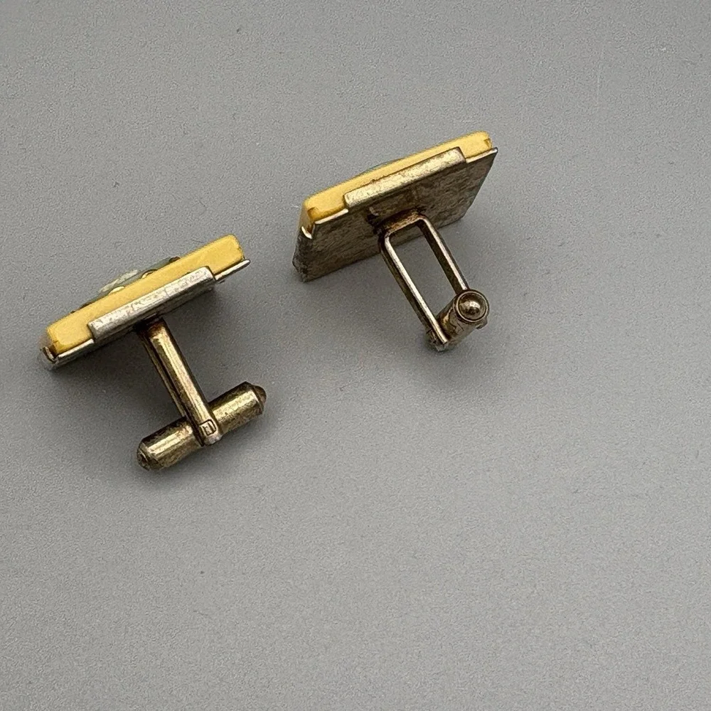 Vintage Handsome Yellow Lucite Wedgwood Blue Jasperwear Cufflinks READ